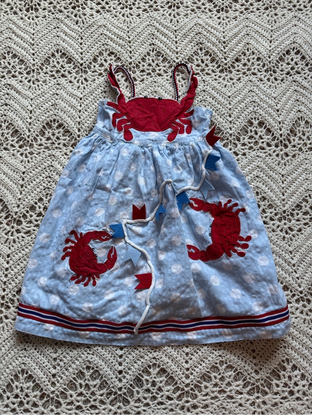 Cotton Kids Red Crab Blue Polka Dot Sundress 3D Details Adorable Beach Dress
